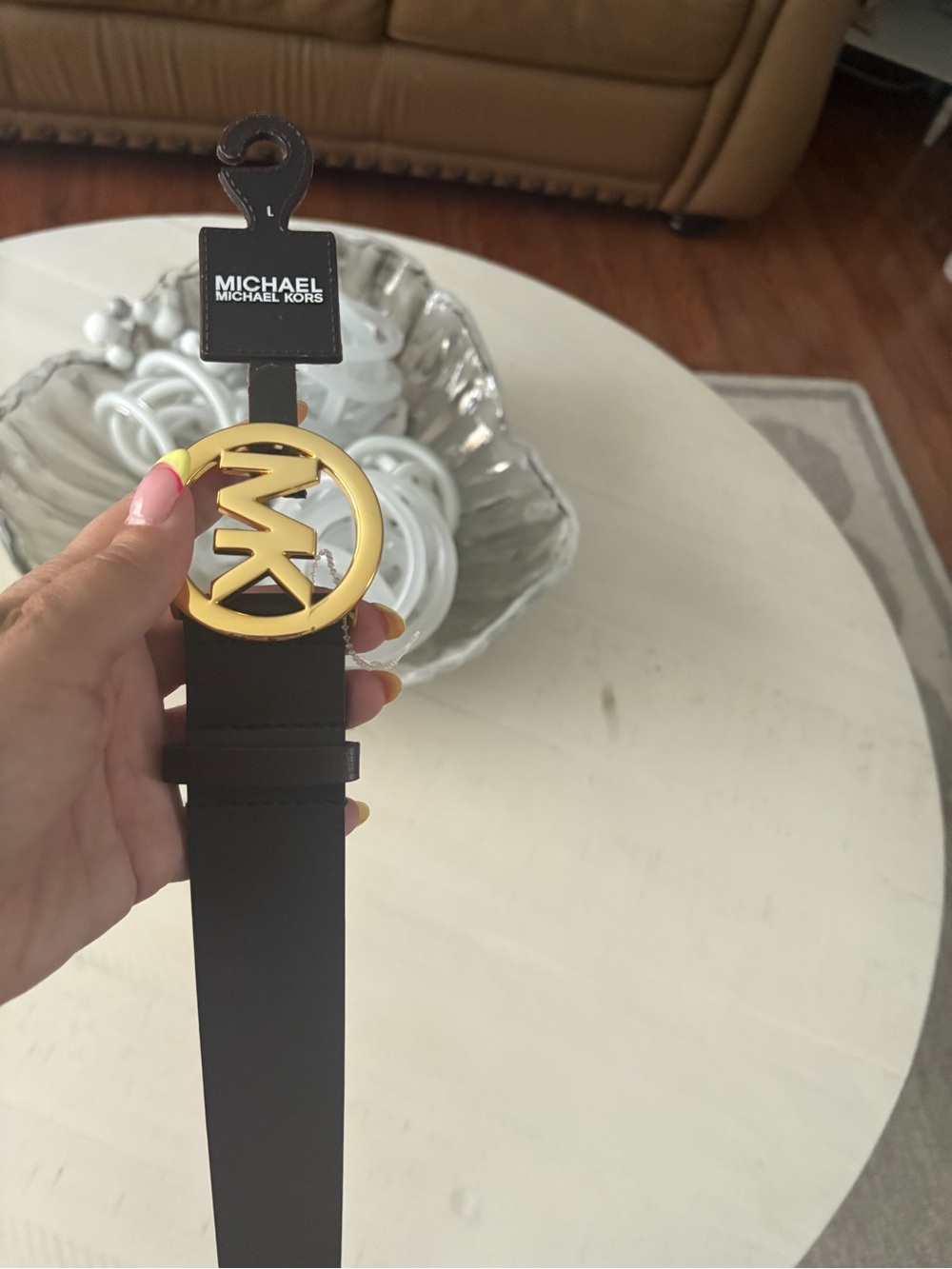 Michael Kors Brown Leather Belt with Gold MK Circle Buckle